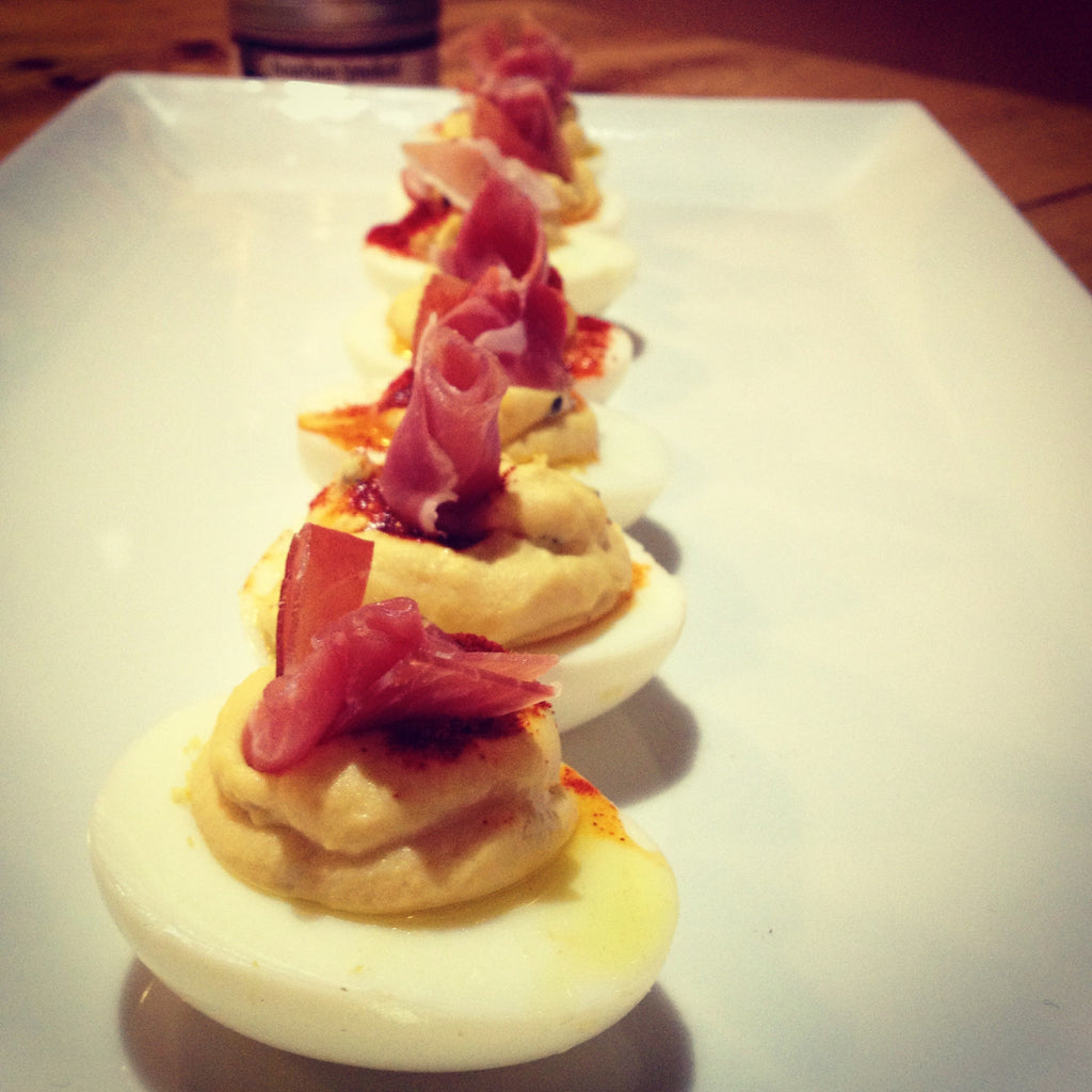 Prosciutto and Hummus Deviled Eggs
