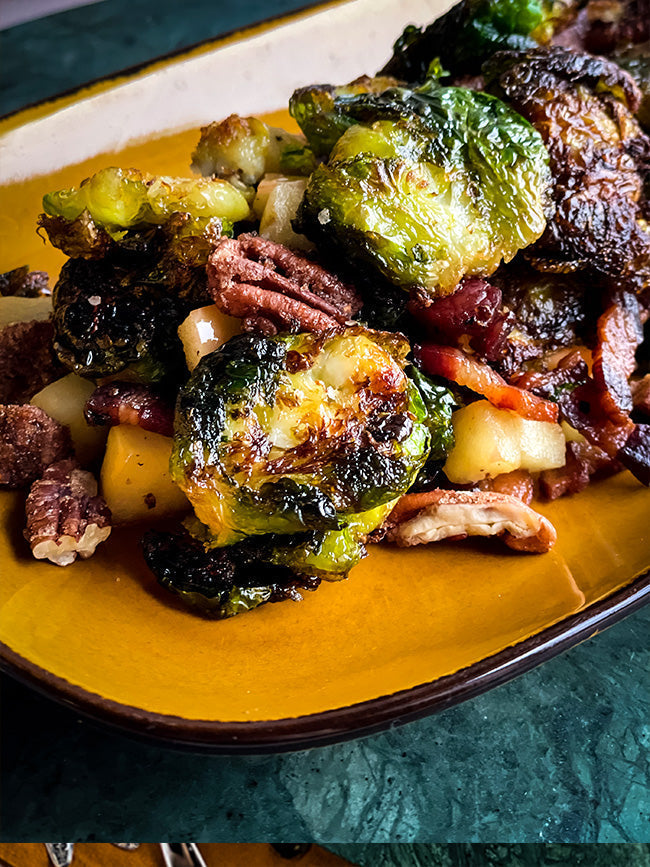Smashed Brussels Sprouts with Apple, Pecans and Bacon