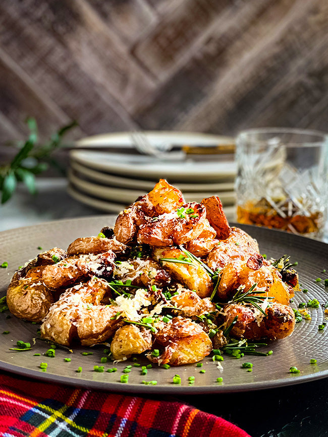 Bourbon Smoked Chef's Blend Crispy Smashed Potatoes With Parmesan, Rosemary and Chives