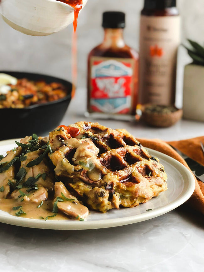 Leftover Stuffing Waffle with Maple Hot Sauce