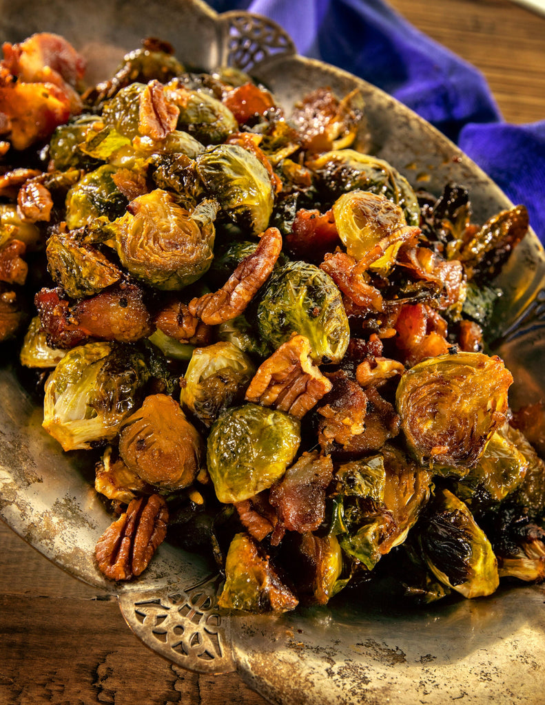 Roasted Brussels Sprouts with Sorghum, Bacon, Smoked Paprika and Shallots