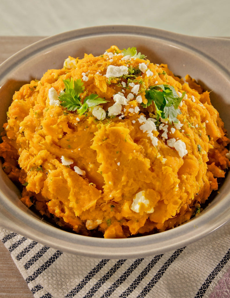 Mashed Sweet Potatoes with Sorghum, Lime and Feta Cheese