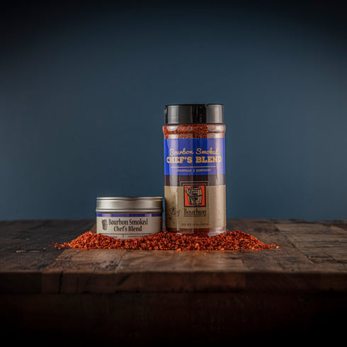 Bourbon Barrel Foods Bourbon Smoked Chef's Blend in a shaker and a tin.