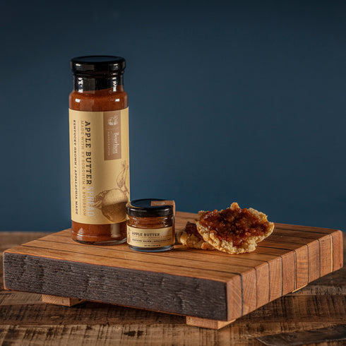 Bourbon Barrel Foods Apple Butter Spread sizes with biscuit spread.