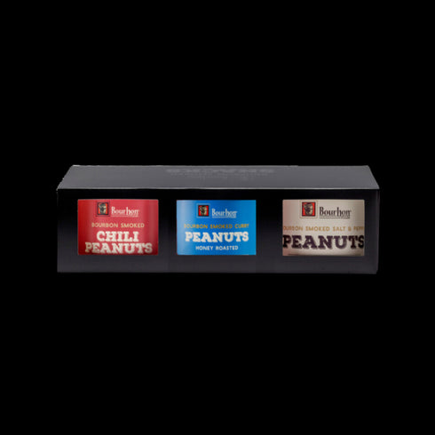 Bourbon Barrel Foods Bourbon Smoked Peanut Trio in a black box.