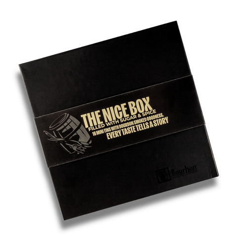 Black box with gold text and branding on a white background