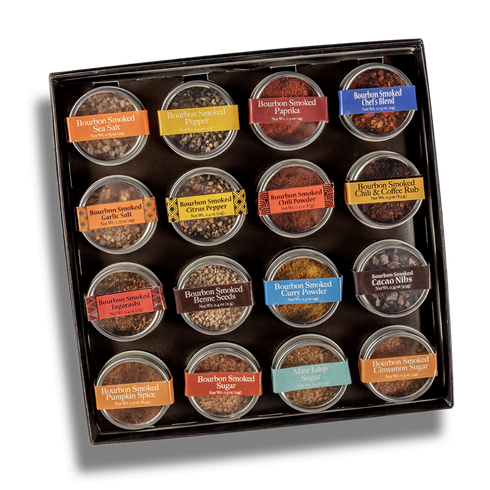 Box of Bourbon Smoked Spice Assortment with individual containers on a white background