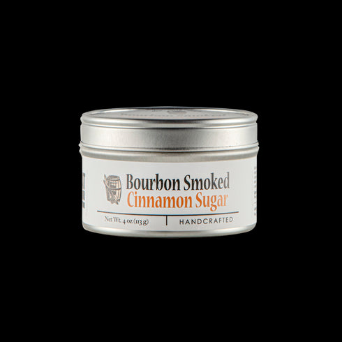 Bourbon Barrel Foods Bourbon Smoked Cinnamon Sugar tin at an angle.
