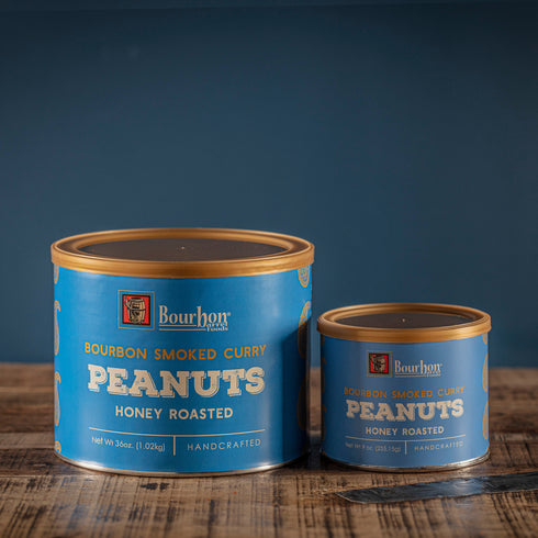Bourbon Barrel Foods Bourbon Smoked Curry Peanuts Honey Roasted closed with both sizes showing range of size
