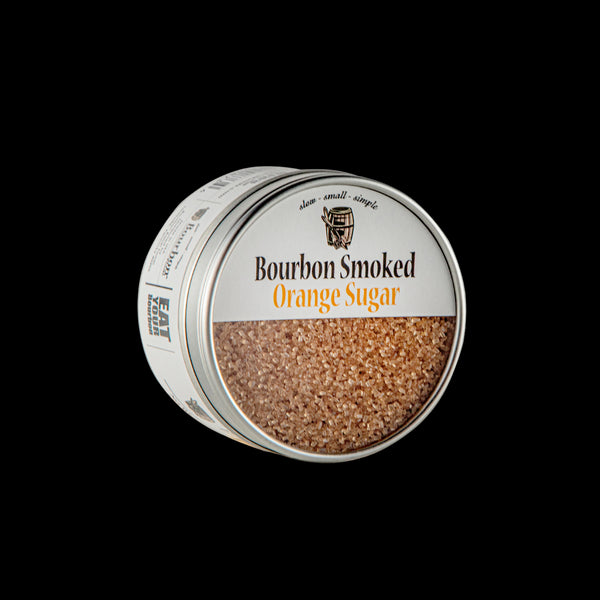 Bourbon Barrel Foods Bourbon Smoked Orange Sugar tin at an angle.