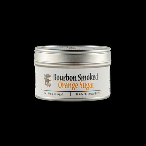 Bourbon Barrel Foods Bourbon Smoked Orange Sugar tin at an angle.