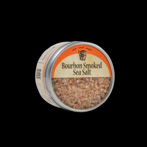 Bourbon Barrel Foods Bourbon Smoked Sea Salt tin at an angle.