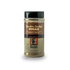 A clear plastic jar of Bourbon Smoked Sugar with a black lid and a brown and beige label, shown on a white background with a soft shadow.
