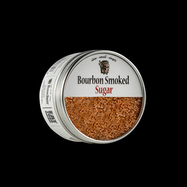 Bourbon Barrel Foods Bourbon Smoked Sugar tin at an angle.