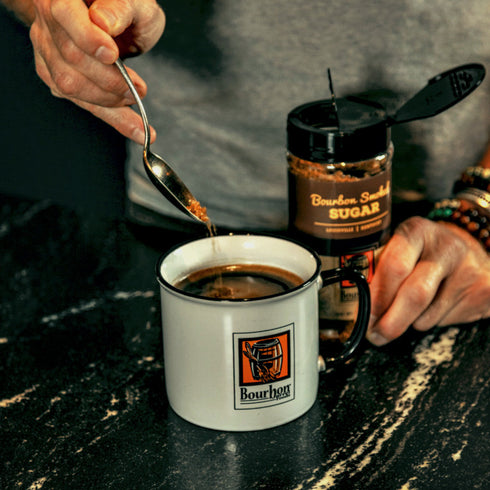 Bourbon Barrel Foods Bourbon Smoked Sugar in a cup of coffee.