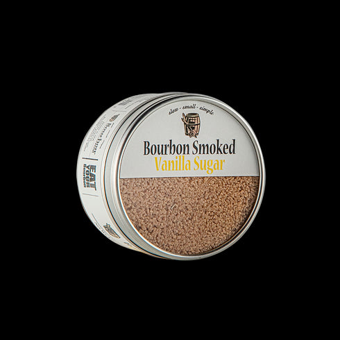 Bourbon Barrel Foods Bourbon Smoked Vanilla Sugar Tin at an angle.