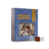 A blue box of Bourbon Smoked Honey Caramel candies with a clear window showing the wrapped candies inside, plus two loose wrapped candies placed in front on a white background.