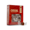 A red box of Baum Koen Bourbon Smoked Pumpkin Spice Caramel candies with a clear window showing the wrapped candies inside, plus two unwrapped caramel pieces in clear wrapping placed in front on a white background.
