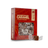 A red box of Baum Koen Bourbon Smoked Pumpkin Spice Caramel candies with a clear window showing the wrapped candies inside, plus two unwrapped caramel pieces in clear wrapping placed in front on a white background.