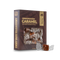 A box of Bourbon Smoked Sea Salt Caramel candies with two individually wrapped caramels placed in front on a clean white background.