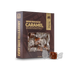 A box of Bourbon Smoked Sea Salt Caramel candies with two individually wrapped caramels placed in front on a clean white background.