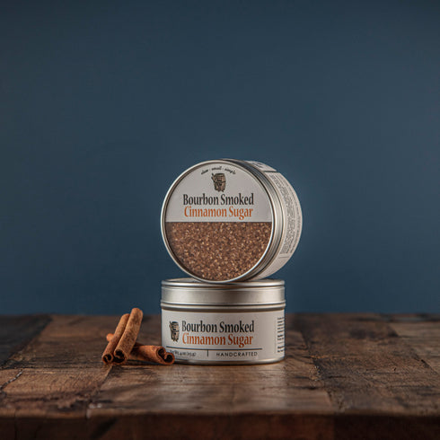 Bourbon Barrel Foods Cinnamon Sugar stacked on top of each other.