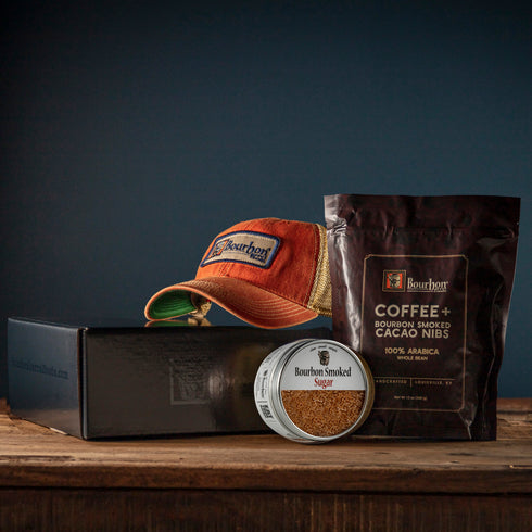 Bourbon Barrel Foods Gift Box | Bourbon Barrel Hat | Bourbon Smoked Sugar | Coffee with Bourbon Smoked Cacao Nibs