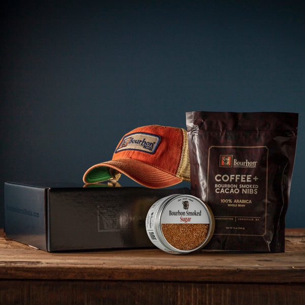 Bourbon Barrel Foods Gift Box | Bourbon Barrel Hat | Bourbon Smoked Sugar | Coffee with Bourbon Smoked Cacao Nibs