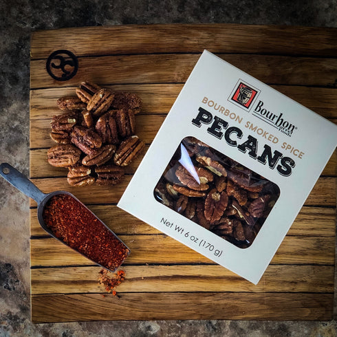 Bourbon Barrel Foods Pecans with Chefs Blend in box.