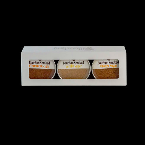 Bourbon Barrel Foods Bourbon Smoked Sugars Trio in a white giftable box