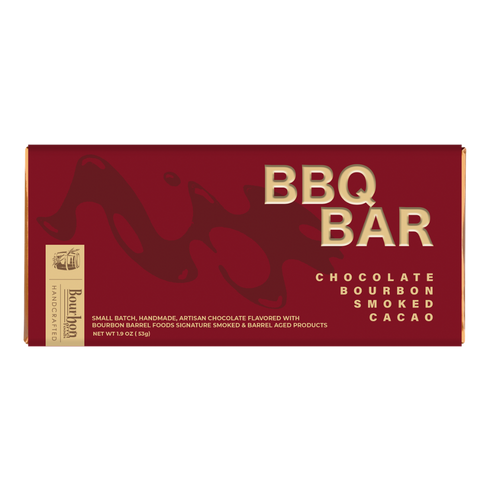 A boxed chocolate bar package on a plain white background. The front of the box is deep red with large gold lettering reading 'BBQ BAR' and smaller text identifying the flavor as chocolate bourbon smoked cacao.