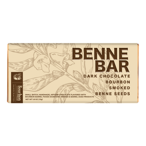 A boxed Benne Bar dark chocolate bourbon smoked bar, featuring a beige wrapper with brown text and botanical illustrations, on a white background.