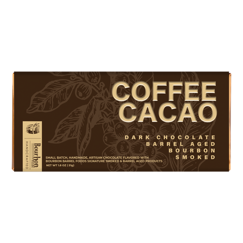 A rectangular box of Bourbon Barrel Coffee Cacao on a plain white background. The packaging is dark brown with gold lettering reading 'COFFEE CACAO' and smaller text describing it as dark chocolate barrel aged bourbon smoked.