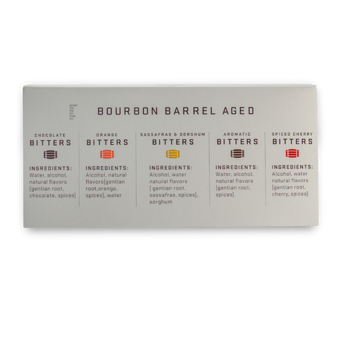 A rectangular cardboard box of Bourbon Barrel Aged Bitters, showing four distinct flavor options (Chocolate, Orange, Sassafra & Sorghum, and Spiced Cherry) with their respective ingredients listed below, on a clean white background.