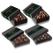 Four chocolate gift boxes arranged in a grid on a white background. Two boxes are closed with dark green plaid lids and gold 'CHOCOLATE' text, and two are open, showing assorted chocolates inside: one with dark chocolate truffles and one with round milk chocolate pieces.
