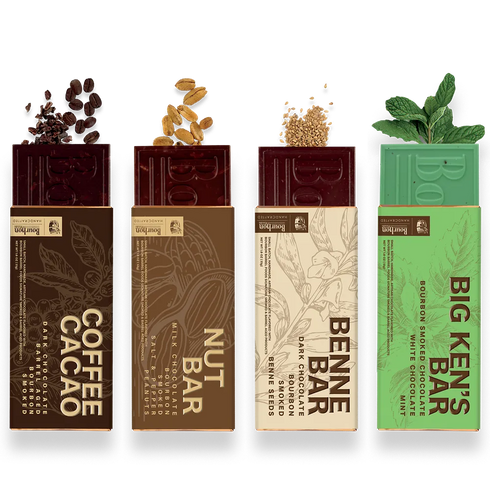 Four Benne Bar chocolate bars in their retail packaging, arranged side by side on a white background. From left to right, the flavors are Coffee Cacao (with coffee beans), Nut (with almonds), Bennie Bar (with sesame seeds), and Big Ken's Bar (with mint leaves).