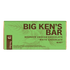A boxed Big Ken's Bar chocolate on a plain white background. The package is light green with dark brown text reading 'BIG KEN'S BAR' and smaller text indicating bourbon smoked chocolate, white chocolate, and mint flavor.