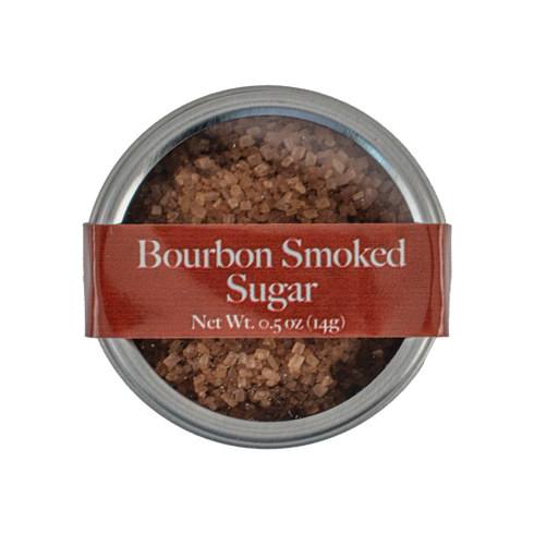 A round metal tin of Bourbon Smoked Sugar with a reddish-brown label, shown on a plain white background.