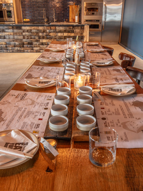 A table set and ready for a tour group to come through to taste a soy sauce flight