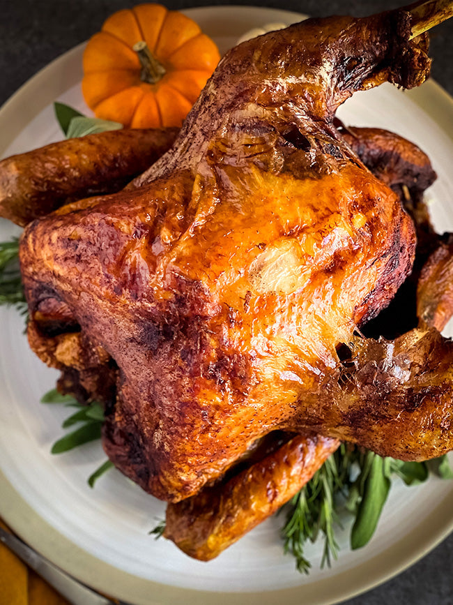 A golden-brown roasted turkey on a white plate, garnished with fresh herbs, with a small pumpkin in the background.