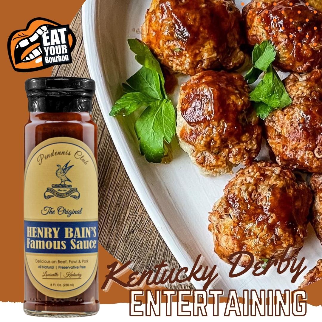 Glazed meatballs garnished with fresh parsley on a white plate, featuring Henry Bain’s Famous Sauce and a Kentucky Derby theme.