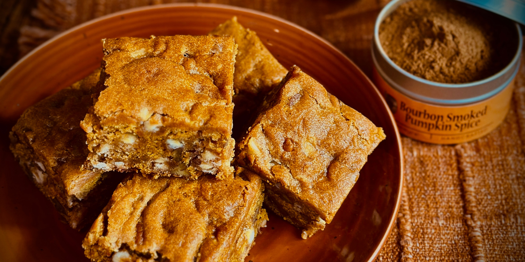 Pumpkin White Chocolate Blondies w/ Bourbon Smoked Pumpkin Spice