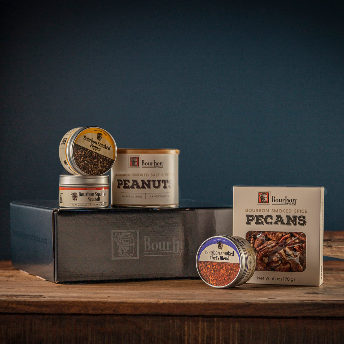 A selection of Bourbon Barrel Foods products showcased for a corporate gift basket