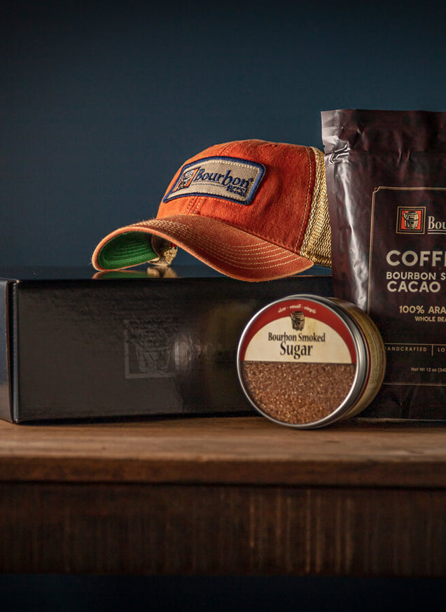 A selection of Bourbon Barrel Foods products showcased for a corporate gift basket