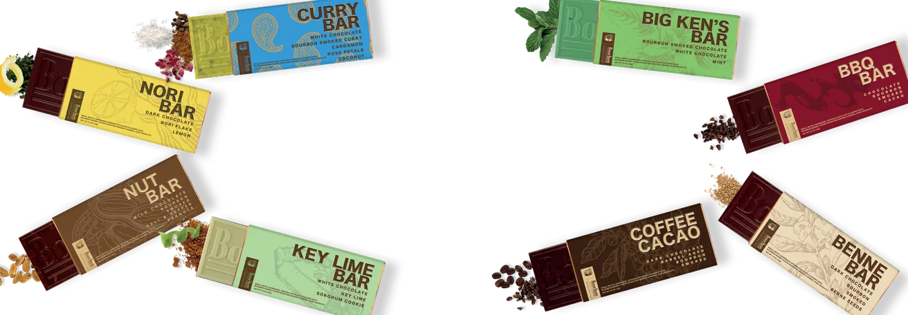 Curry, Nori, Nut, Key Lime, Big Ken's, BBQ, Coffee Cacao and Benne chocolate bars
