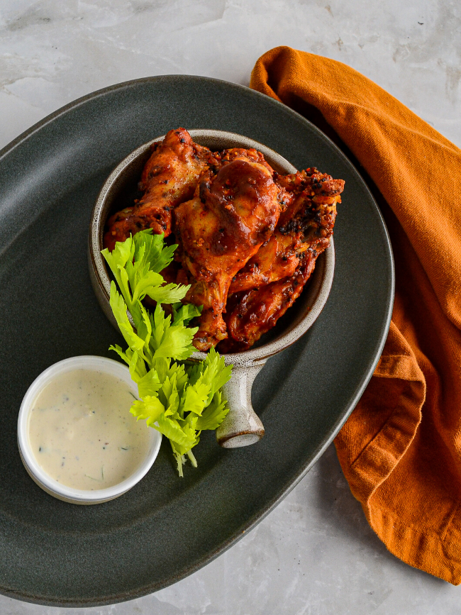 Bourbon Barrel Barbecue Wings and Blue Cheese Sauce