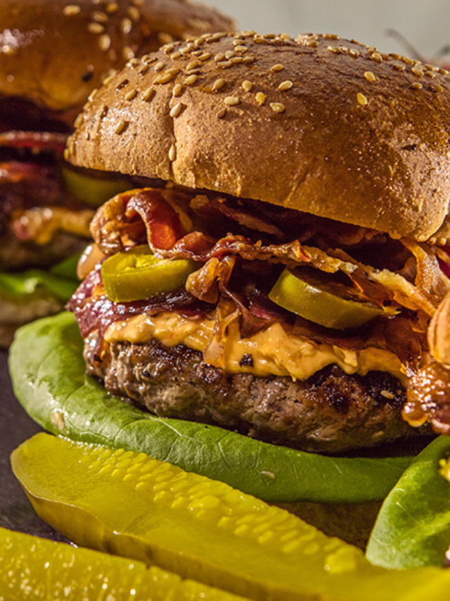 Bourbon Barrel Foods Ultimate Worcestershire Burger Recipe ready to eat.
