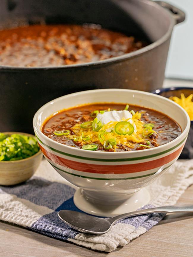 Bourbon Barrel Foods Chili - Made with Bourbon Smoked Spices and Bourbon Barrel Aged Worcestershire Sauce. Top it with your favorite chili toppings and eat your bourbon