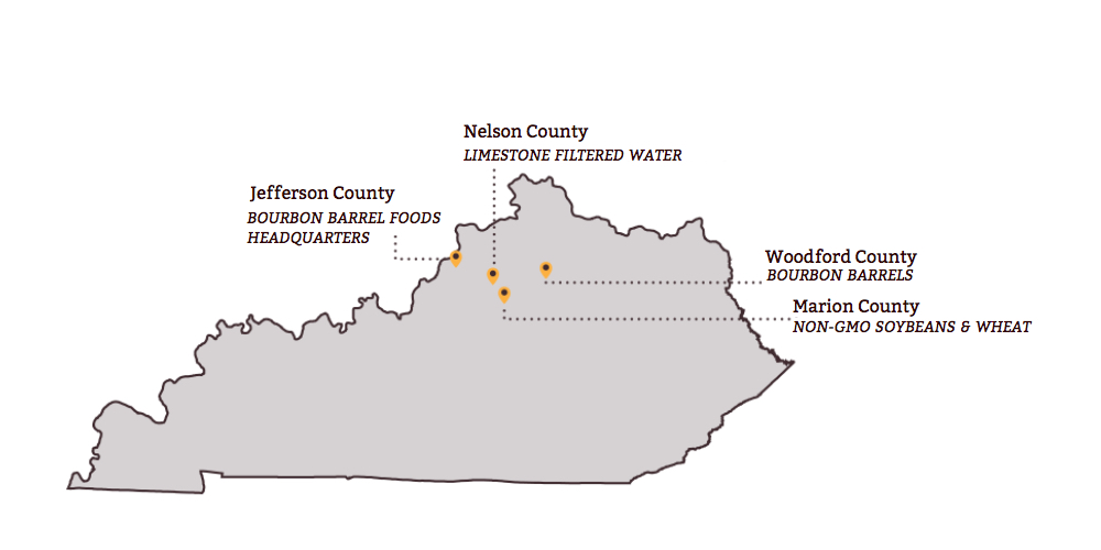 Kentucky map with locations of Bourbon Barrel Foods locations labeled
