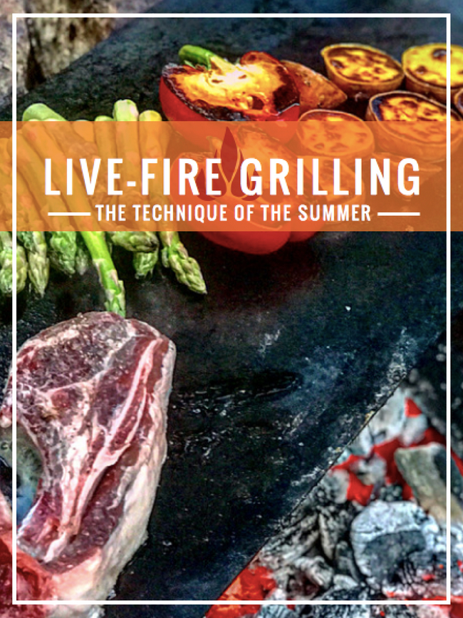Live Fire Grilling Text over a photo of meat and veggies being cooked